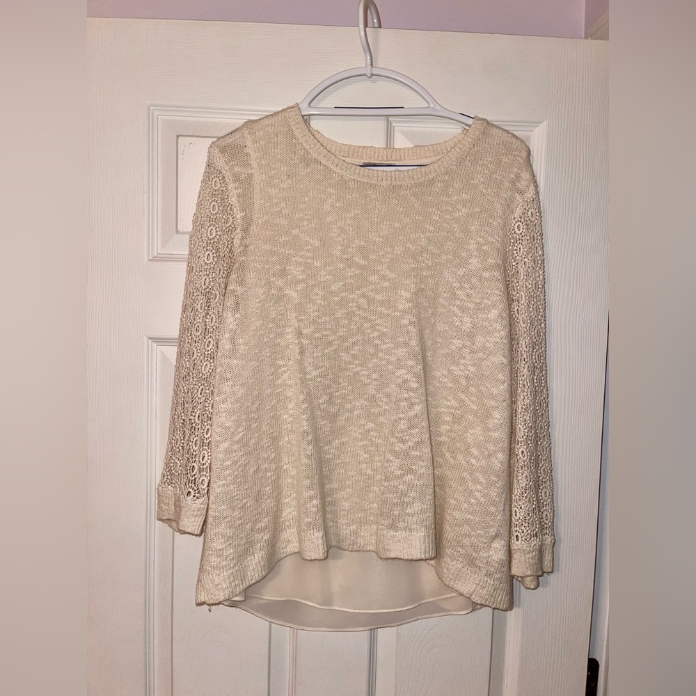 Lucky Brand Cinema Split Back Crochet Chiffon Layered Sweater Blouse size large